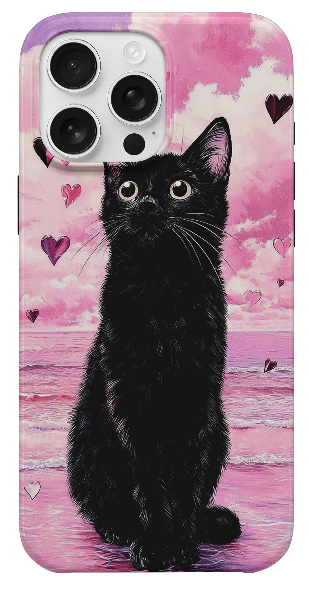 Siyah Kedi ve Pembe Kalpler Telefon Kılıfı