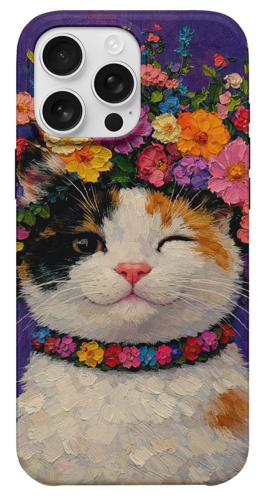 Çiçekli Kedi Yağlıboya Telefon Kılıfı