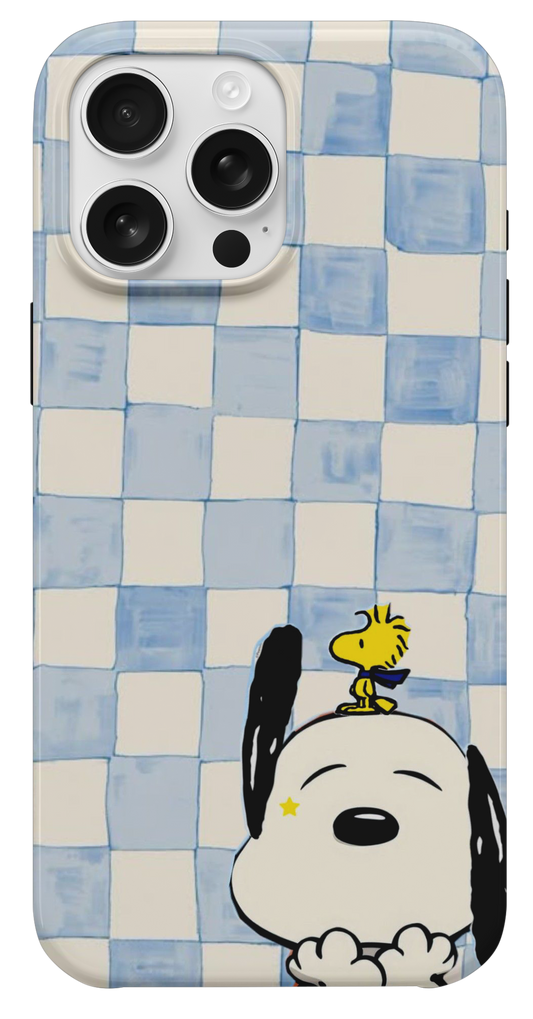 Snoopy ve Woodstock Damalı Mavi Beyaz Telefon Kılıfı