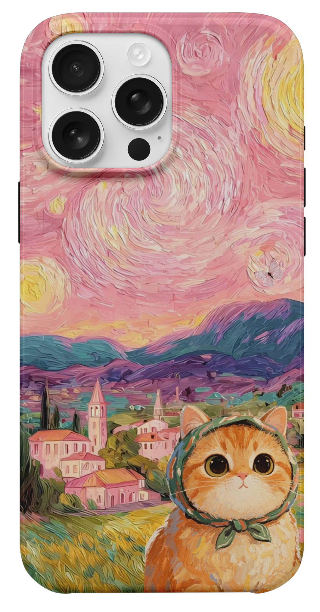 Yıldızlı Gecede Sevimli Kedi ve Köy Manzarası Telefon Kılıfı