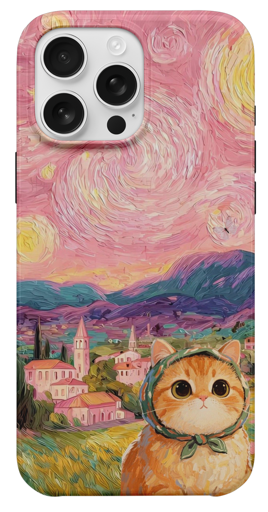 Yıldızlı Gecede Sevimli Kedi ve Köy Manzarası Telefon Kılıfı