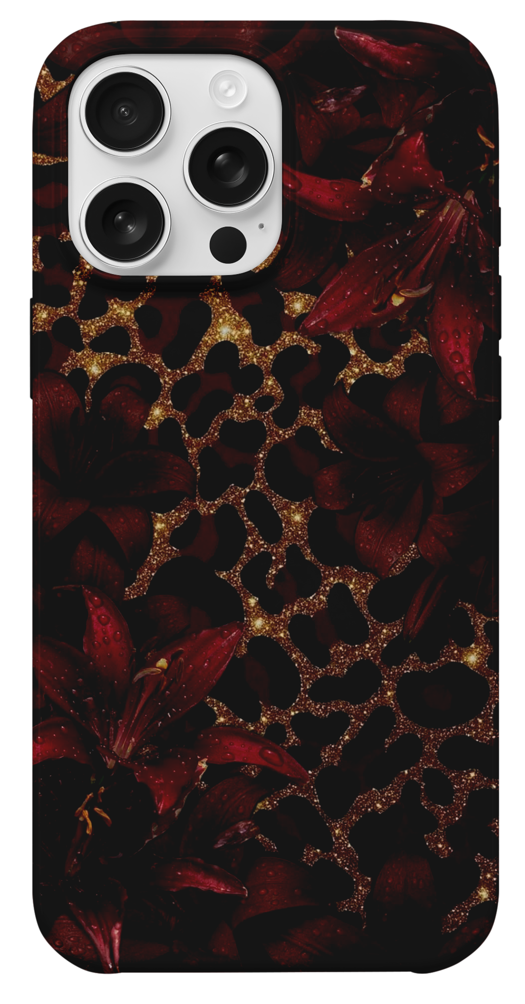 Bordo Çiçek Altın Simli Leopar Telefon Kılıfı