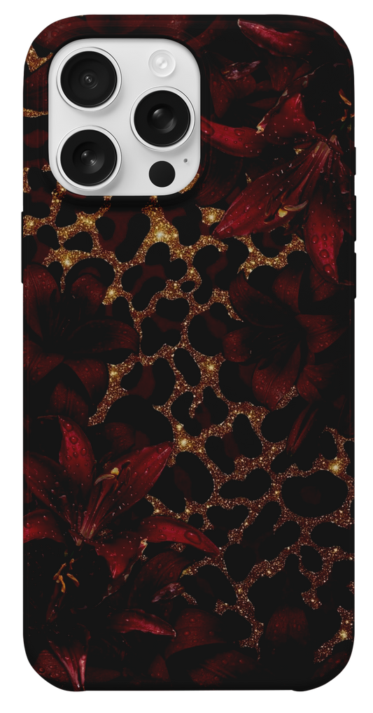Bordo Çiçek Altın Simli Leopar Telefon Kılıfı