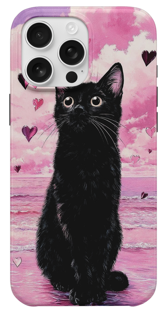 Siyah Kedi ve Pembe Kalpler Telefon Kılıfı